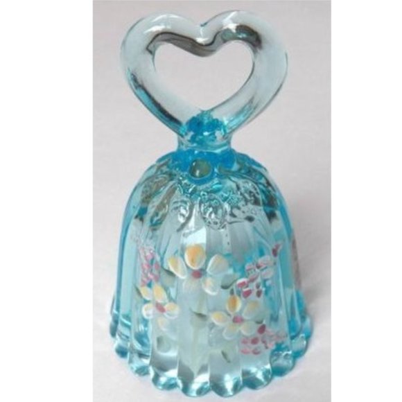 Fenton Teal Colored Glass Bell - Heart Handle - Hand Painted by M. Kibbe - Picture 1 of 5